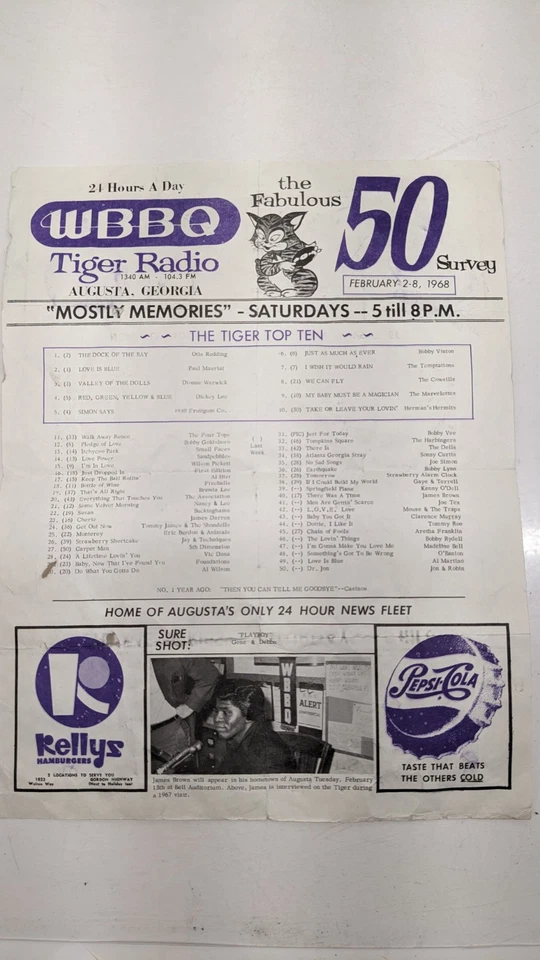 Programa de estación de radio WBBQ TIGER 1968 James Brown T lista de reproducción AUGUSTA GA de colección Foto 1 de 4