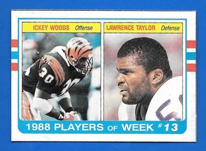 1989 TOPPS M ICKEY WOODS LAWRENCE TAYLOR PLAYERS OF WEEK #13 BOX BOTTOM HAND CUT - Foto 1 di 2