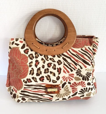 Bolso de mano de lona tejida con estampado floral de reliquias con mango de madera Foto 1 de 4