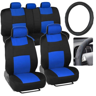 Blue Seat Covers for Car w/ Stitched Synthetic Leather Steering Wheel Cover - Image 1 of 4