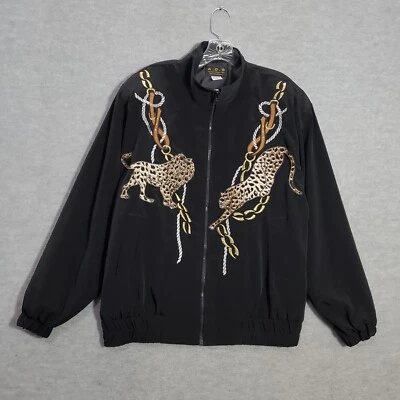 VINTAGE ADS Women Jacket 2XL Black Bomber Leopard Lion Embroidered Full Zip 90s - Image 1 of 4