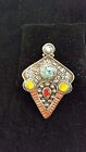 Nepalese Turquoise Coral Resin White Metal Pendant 3" L