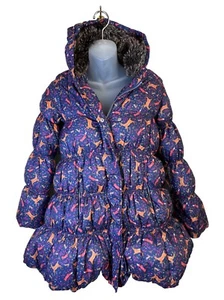 LANDS END GIRLS DOWN WINTER JACKET Sz Med 10-12 Hooded Fox Deer Woods Navy Blue - Picture 1 of 7