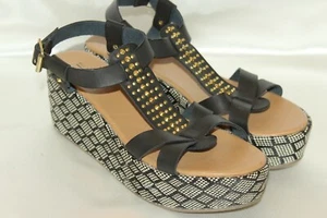 CALL IT SPRING Black Leather Woven Wedge Platform Open Toe Stud Sandal Sz 7.5 - Picture 1 of 9