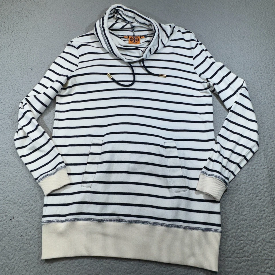 Suéter Tory Burch feminino pequeno azul listra branca gola alta túnica náutica - Imagem 1 de 4