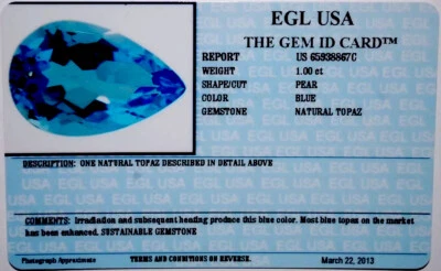 EGL USA CERTIFIED BLUE NATURAL TOPAZ 1.00 CT PEAR CUT GENUINE GEMSTONE - Image 1 of 3