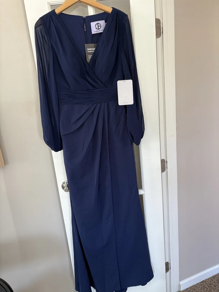 NWT JS Collections Navy V Neck Dress Floor Length Sheer Sleeves Size 10 - Image 1 of 4