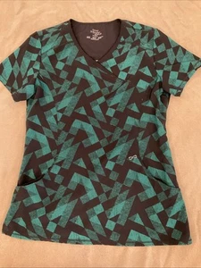 Cherokee Scrub Top Small Womens Active Stretch Green Geometric - Picture 1 of 3