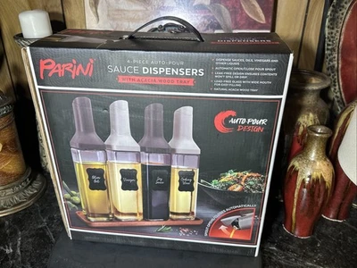 PARINI 4PC AUTO-POUR SAUCE  DISPENSERS WITH ACACIA WOOD TRAY - Image 1 of 4