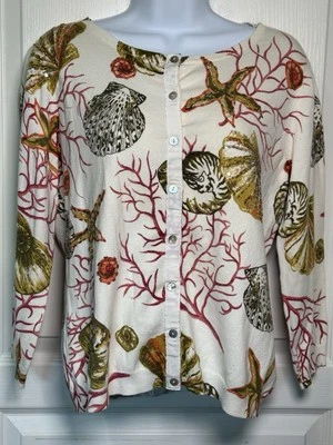 Marisa Christina Knit Cardigan Sweater Sea Shells Coral Starfish Size S Vtg - Image 1 of 4