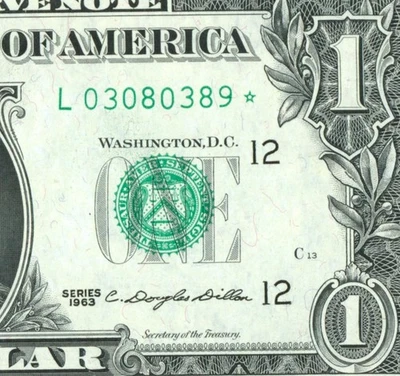 ** ЗВЕЗДА ** $1 1963 ((ВЫБОР CU)) Федеральная резервная банкнота ** бумажная валюта - Изображение 1 из 3