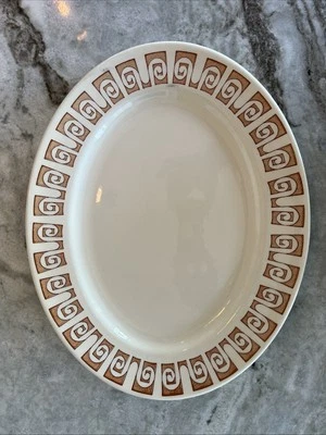 Vntg Ironstone Platter 13.5 英寸 MCM 棕色 Olympia 几何边缘 白色 OF4 — 第 1/4 张图片