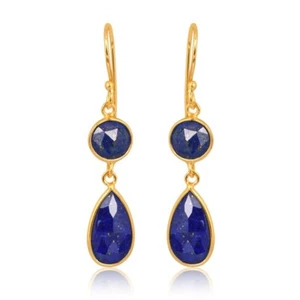 Lapis Lazuli 925 Sterling Silver Double Dangle Gold Plated Earrings For Wedding - Picture 1 of 7