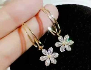 2Ct Pear Cut Lab-Created Diamond Flower Dangle Earrings 14K Yellow Gold Plated - Picture 1 of 4