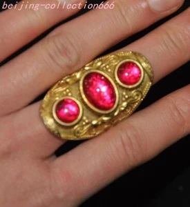 Old Chinese Bronze gilt Inlay Gem exorcism amulet Jewelry Ring - Picture 1 of 5