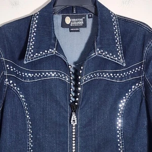 Christine Alexander Swarovsky Crystal Women's Jacket Size Medium Zip Front Denim - Picture 1 of 16