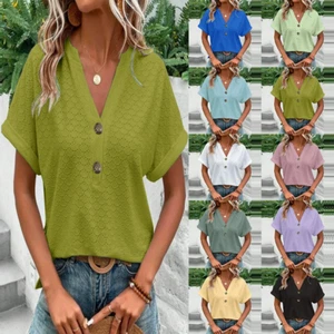 Womens V-Neck Tops Summer Short Sleeve Blouse Casual Loose Tee T Shirt Plus Size - Picture 1 of 28