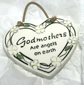 CERAMIC WALL PLAQUE Ornament Godmothers Are Angels On Earth HEART Flowers - Picture 1 of 6