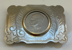 Vintage Eisenhower Silver Dollar Belt Buckle 1972 Nickel Plated Hand Polished - Picture 1 of 4
