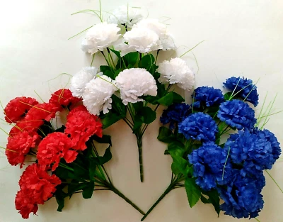 Красно-белая и синяя гвоздика 17 дюймов букет шелковый цветок (3 кусты) домашний свадебный декор - Изображение 1 из 4
