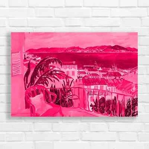 Vibrant Coastal Town Pink Canvas Print Large Picture Wall Art - Picture 1 of 5