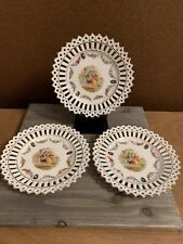 3 MCMTea Plates Courting Couple Plates Floral Reticulated Gold Edges Germany