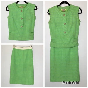 Vintage 50 60s Green Skirt Set Mod Cropped Top Blazer Pencil Skirt Office Career - Picture 1 of 24