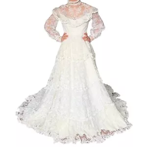 Vestido de novia vintage años 70 Queen Fit VICTORIANO cuello alto encaje en capas marfil talla 8 - Imagen 1 de 22
