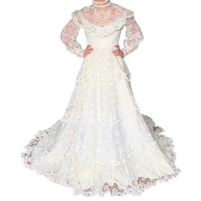 Vtg 70s Queen Fit Gowns VICTORIAN High Neck Lace Tiered Ivory Wedding Gown Sz 8 - Image 1 of 4