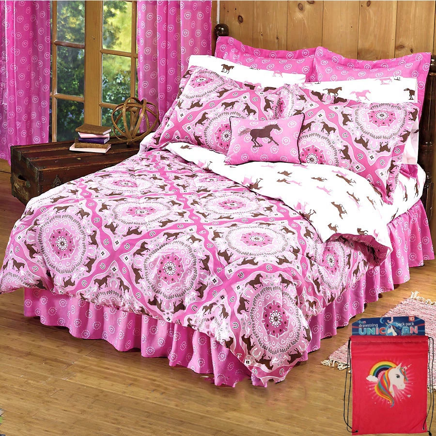 GIRLS PiNk Brown Horse PONY BANDANA Comforter Set w/Sheets+Backpack! (NO PILLOW) - Image 1 of 4