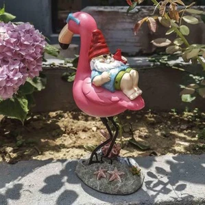 Gnome Garden Statue Funny Gnome Reclining On Flamingo Figurines Resin Garden Gno - Picture 1 of 9