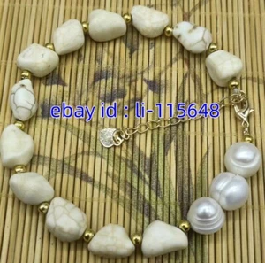 Beautifully Sculpted 9-12mm White Turquoise & 9-10mm White Pearl Bracelet 7.5" - Picture 1 of 3
