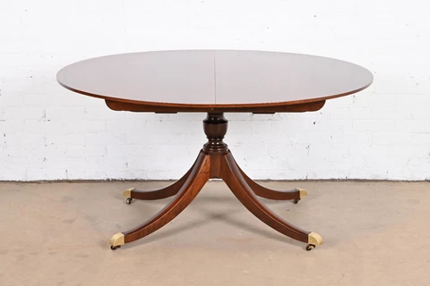 Baker Furniture Georgian Cherry Wood Pedestal Extension Dining Table, Refinished Cover