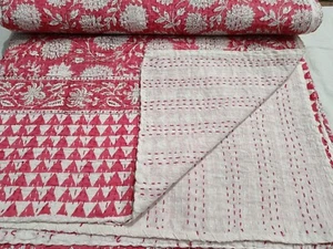 Indian Hand Block Print Queen Size Cotton Kantha Quilt Throw Blanket Bedspread - Picture 1 of 8