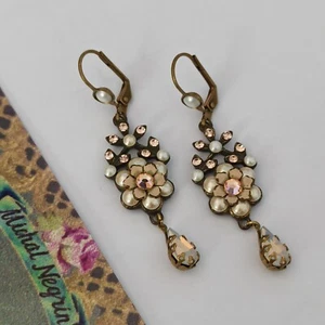 Michal Negrin Earrings Romantic Pearls Flowers White Peach Long Floral Victorian - Picture 1 of 14