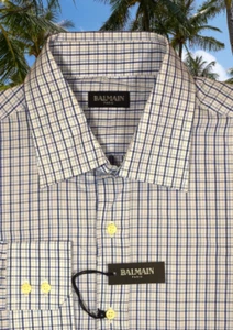 $1050 New Balmain Paris Pinstripe Mens Dress Shirt Blue Graph Check Size XL 17 - Picture 1 of 12