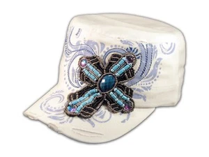 Turquoise Jeweled Cross on White Cadet Castro Hat Military Army Cap - Picture 1 of 4