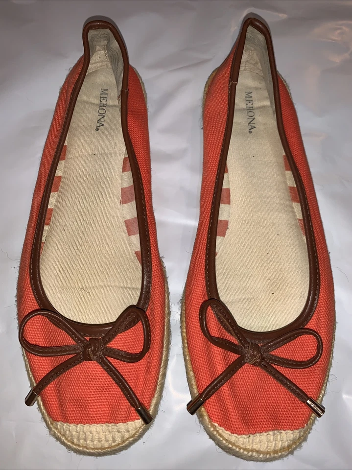 Women's Merona Nora Canvas Flats Orange 9.5 Ballet Espadrille Brown Leather - Image 1 of 4