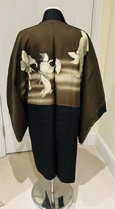 VINTAGE MENS JAPANESE BLACK HABUTAE SILK HAORI JACKET ‘DANCERS LINER’ & HIMO S/M - Picture 1 of 22