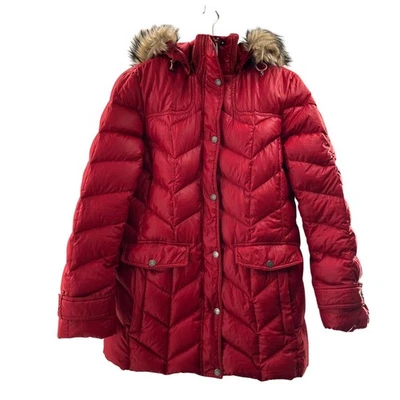 Lands End Red Puffer Coat Jacket Winter Faux Fur Hood Medium 10-12 Outerwear - Image 1 of 4
