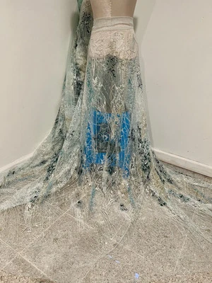 Sea Foam Silver Green Beaded Glitter lace fabric 50" width sold by the yard - Image 1 of 4