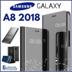 Pour SAMSUNG GALAXY A8 2018 HOUSSE ETUI COQUE NOIR MIROIR CLEAR VIEW FLIP CASE - Photo 1 sur 10