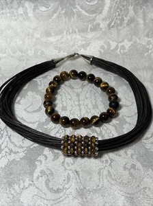 QVC Tiger Eye beaded slide pendant Multi strand leather sterling silver Necklace - Picture 1 of 7