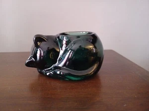 Schlafende Katze Kätzchen Kätzchen Votivkerzenhalter dunkelgrün smaragd - Bild 1 von 12