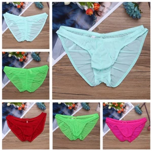 Mens Ice Silk Ruched Briefs G-string Frilly Bulge Pouch Panties Underwear - Picture 1 of 23