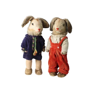 Antikes Paar Kaninchen Puppen - handgefertigte Stoff Outfits - seltenes Sammler Spielzeug - Bild 1 von 10