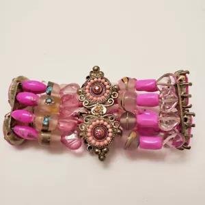 Stretch Bangle Bracelet Beaded Pink Glass Hippie Boho Cha Cha funky multi strand - Picture 1 of 14