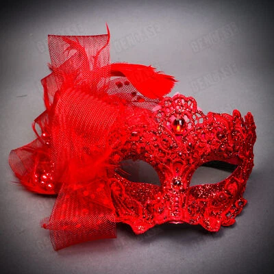 ❤Red Lace Masquerade Mask with Flower Women Venetian Carnival Ball Party Costume - Image 1 of 3