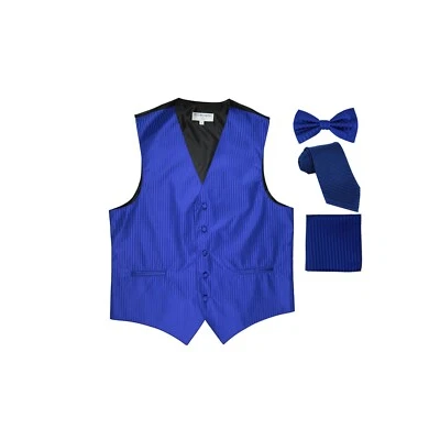 New Men's Tuxedo Vest Vertical Stripes Necktie, Bowtie & Hankie set Royal Blue - Image 1 of 4