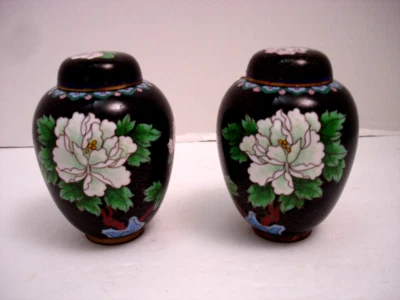 4 1/8" H DE COLECCIÓN ESPEJO CHINO PAR NEGRO/FLORES CLOISONNE JENGIBRE TARRO Foto 1 de 4
